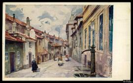 Tarjeta postal a color con reproducción de la obra Zlatá ulička o Calle del Oro de Ferdinand Enge...