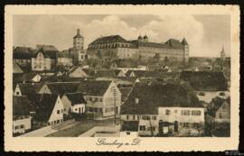 Tarjeta postal circulada de vista panorámica de Gunzburgo editada en Núremberg por B. Lehrburger ...