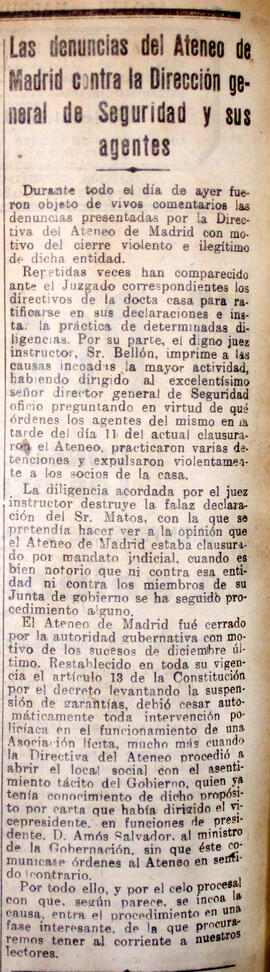 1931-02-15. Denuncias del Ateneo contra el cierre de la entidad. El Liberal (Madrid)