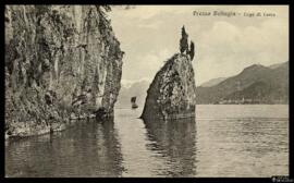 Tarjeta postal del paisaje de una formación rocosa en el Lago di Como próxima a Bellagio editada ...