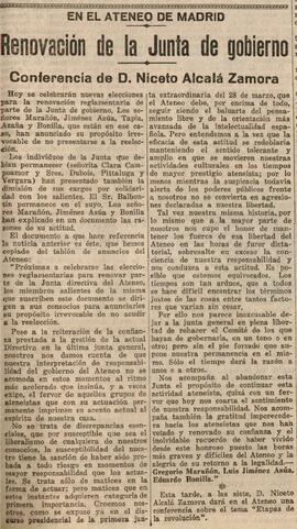1930-05-30. Renovación de la Junta de Gobierno. Anuncio de conferencia de Niceto Alcalá Zamora . ...