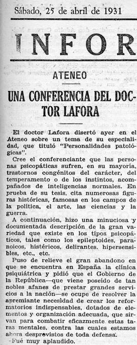 1931-04-25. Conferencia del doctor Lafora. Ahora (Madrid)