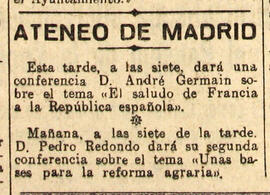 1931-05-21. Anuncio de conferencias de André Germain y Pedro Redondo. El Liberal (Madrid)
