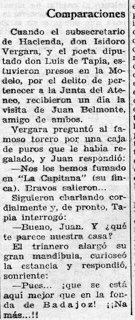 1931-12-08. Anécdota de Isidoro Vergara y Luis de Tapia con el torero Juan Belmonte. Ahora (Madrid)