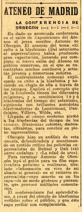 1931-12-31. Conferencia de Antonio de Obregón sobre la blasfemia. El Liberal (Madrid)