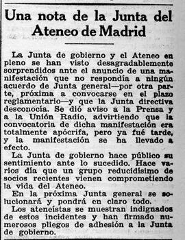 1931-10-15. Nota de la Junta del Ateneo sobre una manifestación. Ahora (Madrid)