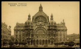 Tarjeta postal de vista exterior de la Estación Central o Middenstatie de Amberes