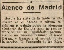 1930-07-18. Hoy concluye la discusión de la Memoria de Eduardo Ortega y Gasset . El Liberal (Madrid)