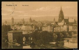 Tarjeta postal circulada de vista panorámica del Alte Brücke de Frankfurt editada por Knackstedt ...