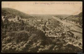 Tarjeta postal circulada de vista general de Heidelberg desde el Schlosshotel editada por el Verl...