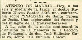 1931-11-21. Anuncio de la conferencia de Roberto Novoa Santos y de la discusión de la Memoria de ...