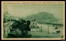 Tarjeta postal circulada publicitaria de la línea de cruceros Hamburg-American Line de vista pano...