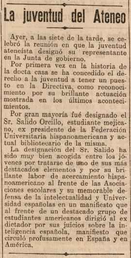 1930-03-09. La juventud del Ateneo designa su representante en la Junta de Gobierno. El Liberal (...