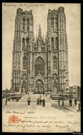 Tarjeta postal circulada de vista exterior de la fachada principal de la Catedral de San Miguel y...