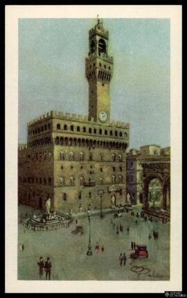 Tarjeta postal a color de vista exterior de la Piazza della Signoria, el Palazzo Vecchio y la Log...