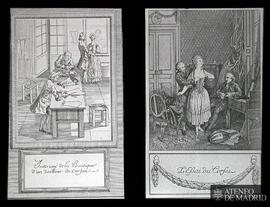 Dos ilustraciones: "Interior de la tienda de un taller de corsés" y "La prueba del...