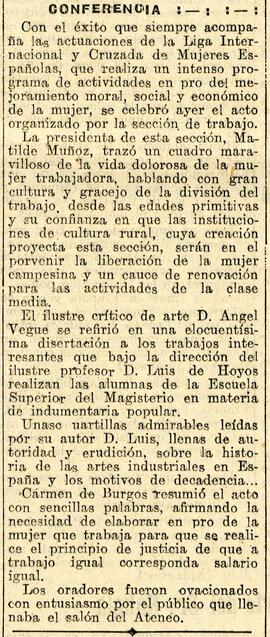 1931-12-05. Reseña del acto de la Liga internacional y Cruzada de mujeres españolas. El Liberal (...