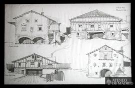 Dibujo de cuatro casas del País Vasco (Oronotz, Vizama -Yraizoz-, Elxebeltza e Irurita)