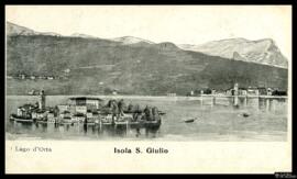 Tarjeta postal de vista general de la Isla de San Giulio en el Lago d’Orta