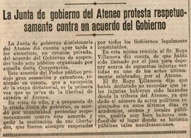 1930-06-14. La Junta del Ateneo protesta contra el acuerdo del Gobierno de suspender sus actos pú...