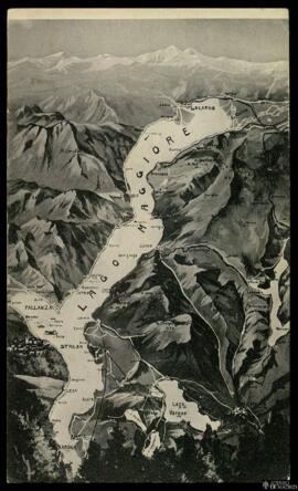 Tarjeta postal de [heliograbado de] mapa físico del Lago Maggiore y sus accidentes geográficos ci...