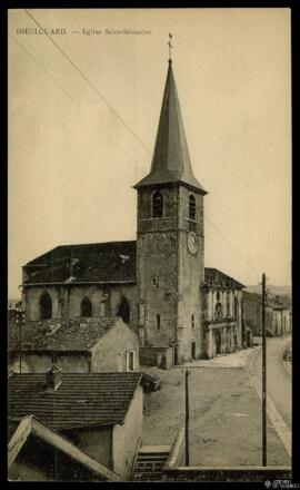 Tarjeta postal de vista exterior de la Iglesia de San Sebastián o Église Saint-Sébastien en Dieul...