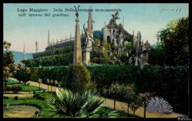 Tarjeta postal de las terrazas monumentales del Jardín de la Isola Bella en el Lago Mayor de Ital...