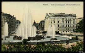 Tarjeta postal a color de vista exterior de la fuente monumental Hochstrahlbrunnen en la Schwarze...