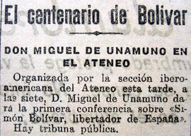 1930-12-16. Conferencia de Miguel de Unamuno sobre Bolívar. El Liberal (Madrid)