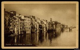 Tarjeta postal de vista exterior de antiguas casas junto al río Arno en Florencia