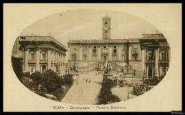 Tarjeta postal de vista exterior del Palazzo Senatorio en la colina del Campidoglio de Roma con c...