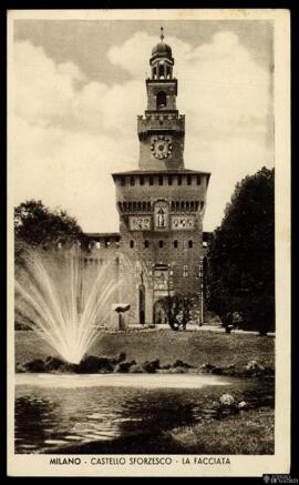 Tarjeta postal de vista exterior de la Torre del Filarete del Castello Sforzesco de Milán