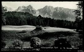 Tarjeta postal de vista del paisaje de la cadena montañosa Kaisergebirge desde el Gasthof Lederer...