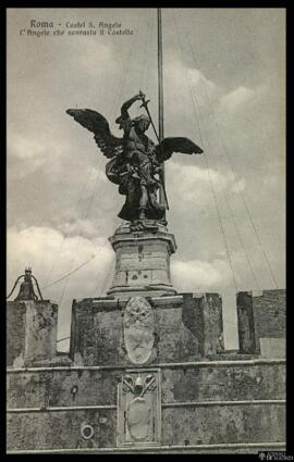 Tarjeta postal de la escultura del Arcángel San Miguel que se alza sobre el Castillo de Sant'Ange...