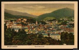 Tarjeta postal a color de vista general de Baden-Baden editada por el Verlag von Emil Hartmann