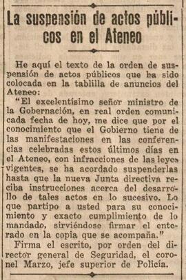1930-06-15. Orden de la suspensión de actos públicos en el Ateneo de Madrid. El Liberal (Madrid)