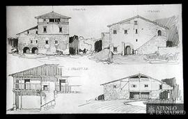 Dibujo de cuatro casas del País Vasco (Legazpia, Hernani, San Sebastián y Elgoibar)