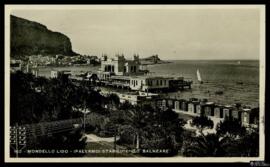 Tarjeta postal circulada de vista panorámica del antiguo establecimiento balneario de Mondello Li...
