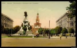 Tarjeta postal a color de vista panorámica del Monumento ecuestre a Giuseppe Garibaldi y el Caste...