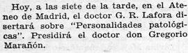 1931-04-24. Anuncio de conferencia del doctor Lafora. Ahora (Madrid)