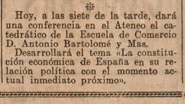 1930-06-26. Anuncio de la conferencia de Antonio Bartolomé y Mas. El Liberal (Madrid)