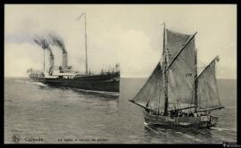 Tarjeta postal de un barco pesquero a vela y un barco de vapor junto a Ostende editada por Edouar...