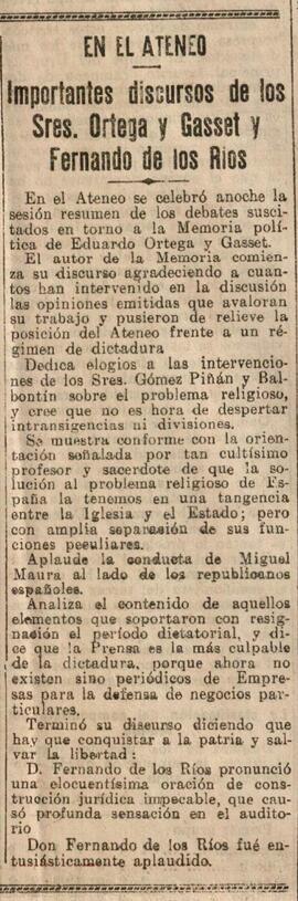 1930-07-19. Extracto de la sesión resumen de la Memoria de Eduardo Ortega y Gasset. El Liberal (M...