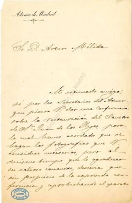 Carta de Antonio Cánovas del Castillo a Arturo Mélida