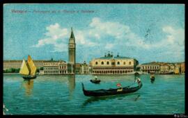 Tarjeta postal circulada policromada de vista panorámica de la Isla de San Giorgio Maggiore en Ve...