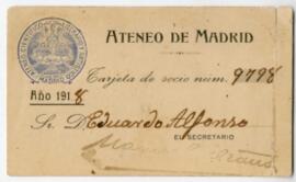 Tarjeta de socio del Ateneo a nombre de Eduardo Alfonso, 1918